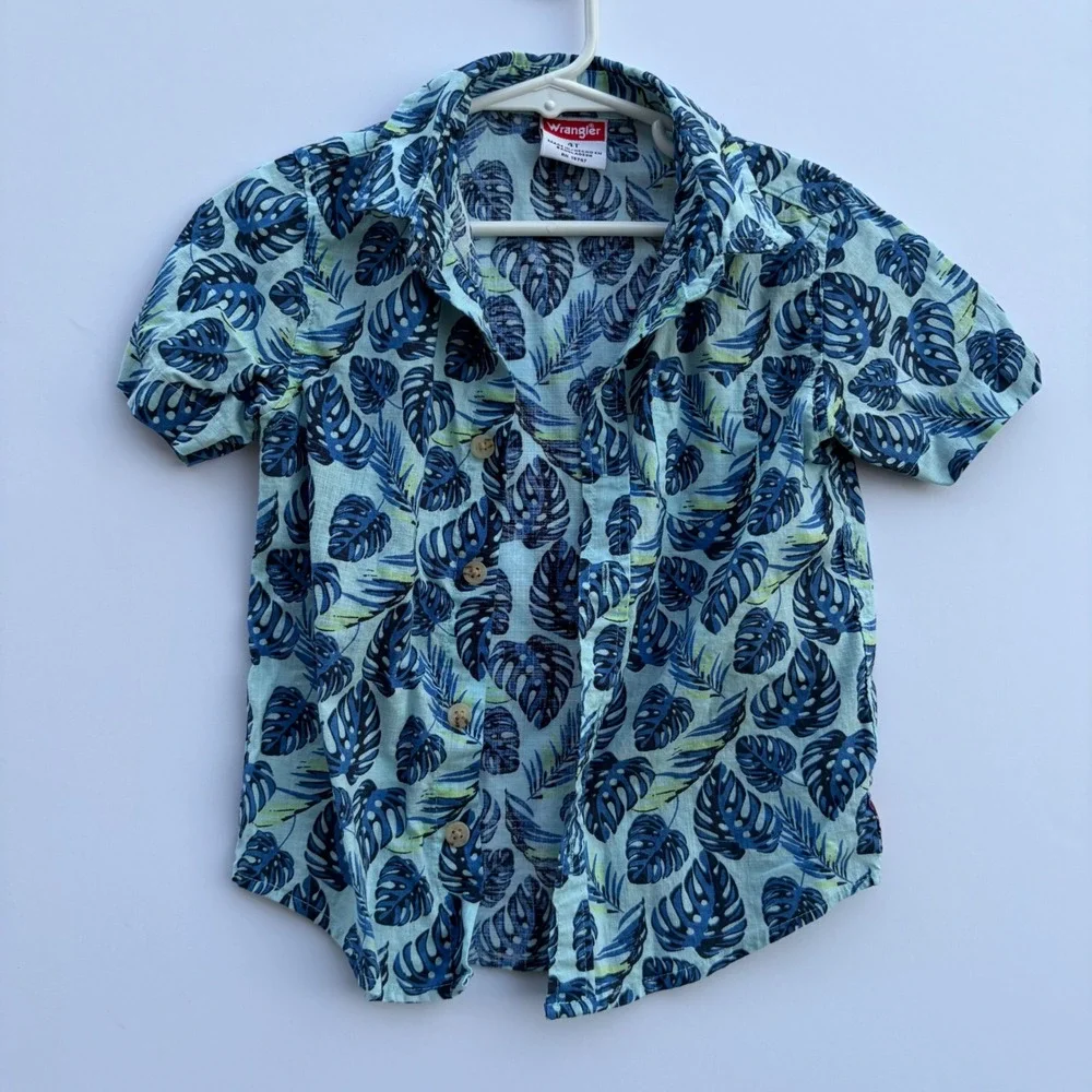 Wrangler Boys 4T Tropical Monstera Leaf Button Down Shirt Blue Green W25S2385THA